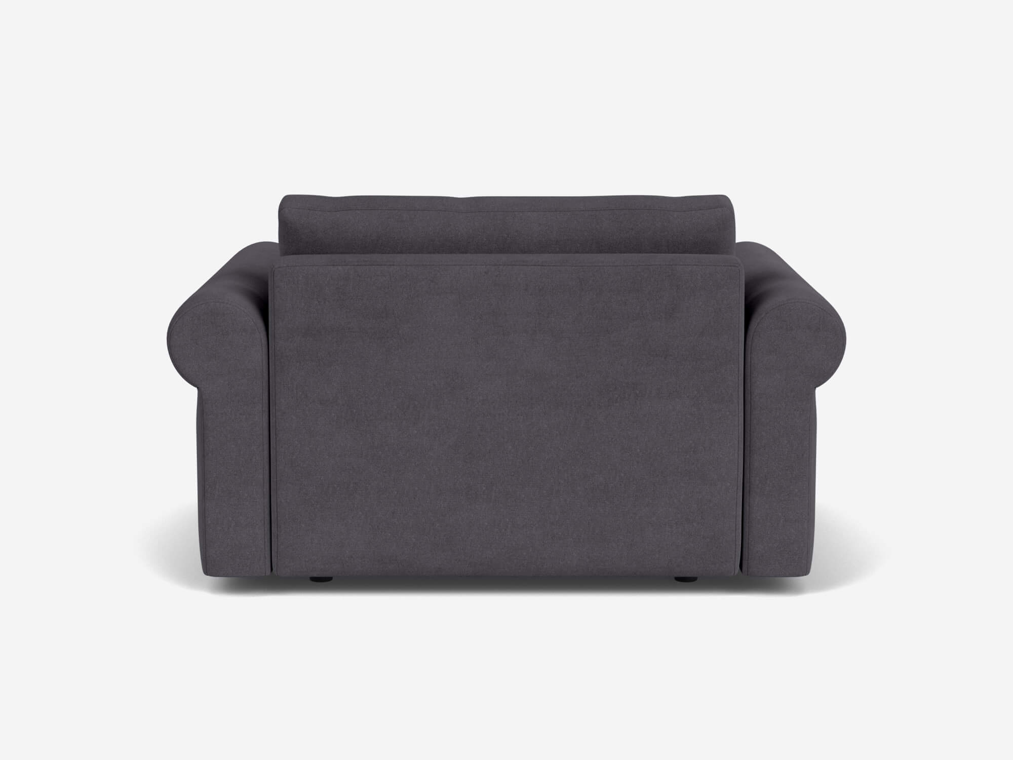 Back view of grey wide armchair with roll arms